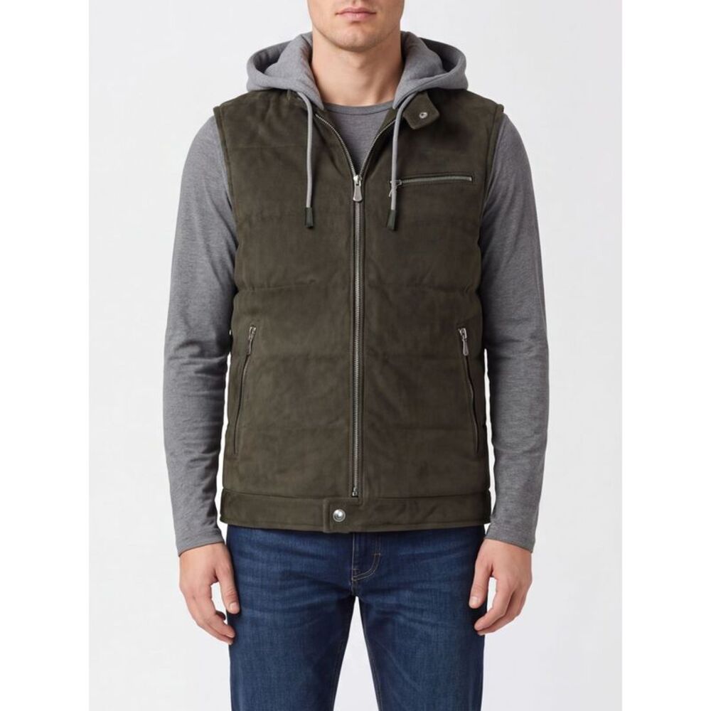 Eleventy Men Quilted Suede Leather Padded Gilet Eleventy With Hood